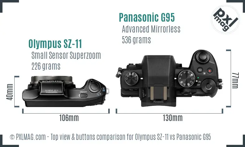 Olympus SZ-11 vs Panasonic G95 top view buttons comparison