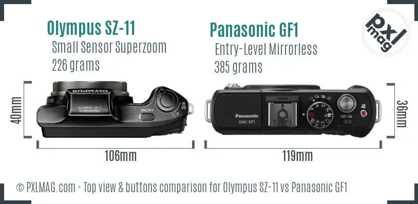 Olympus SZ-11 vs Panasonic GF1 top view buttons comparison