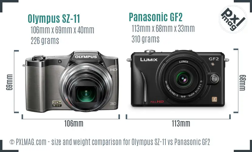 Olympus SZ-11 vs Panasonic GF2 size comparison