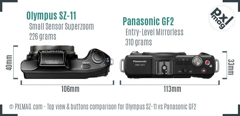 Olympus SZ-11 vs Panasonic GF2 top view buttons comparison