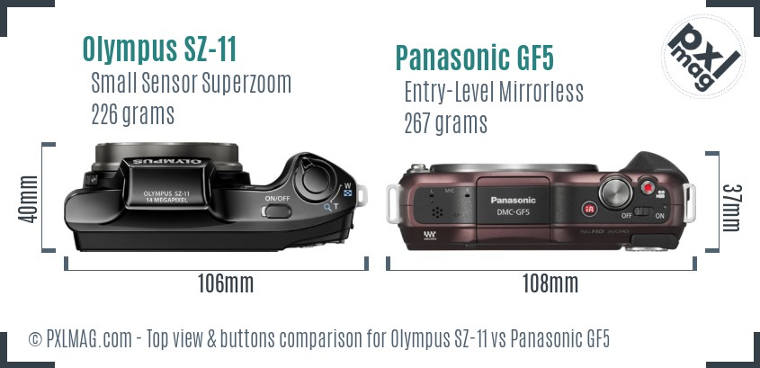 Olympus SZ-11 vs Panasonic GF5 top view buttons comparison