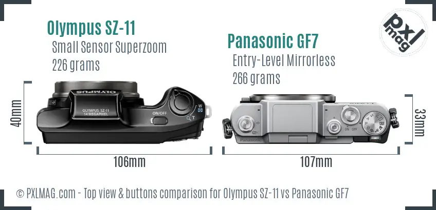 Olympus SZ-11 vs Panasonic GF7 top view buttons comparison