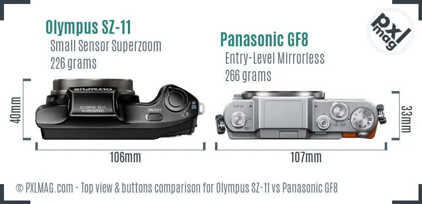 Olympus SZ-11 vs Panasonic GF8 top view buttons comparison