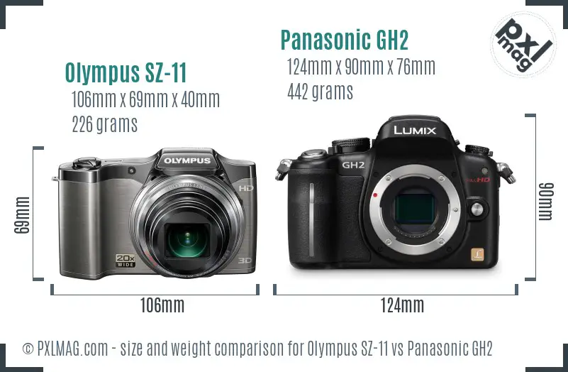 Olympus SZ-11 vs Panasonic GH2 size comparison