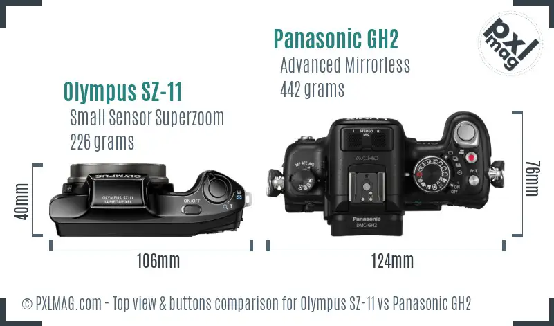 Olympus SZ-11 vs Panasonic GH2 top view buttons comparison