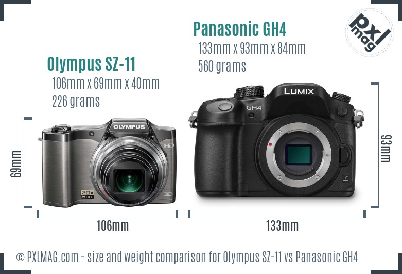 Olympus SZ-11 vs Panasonic GH4 size comparison