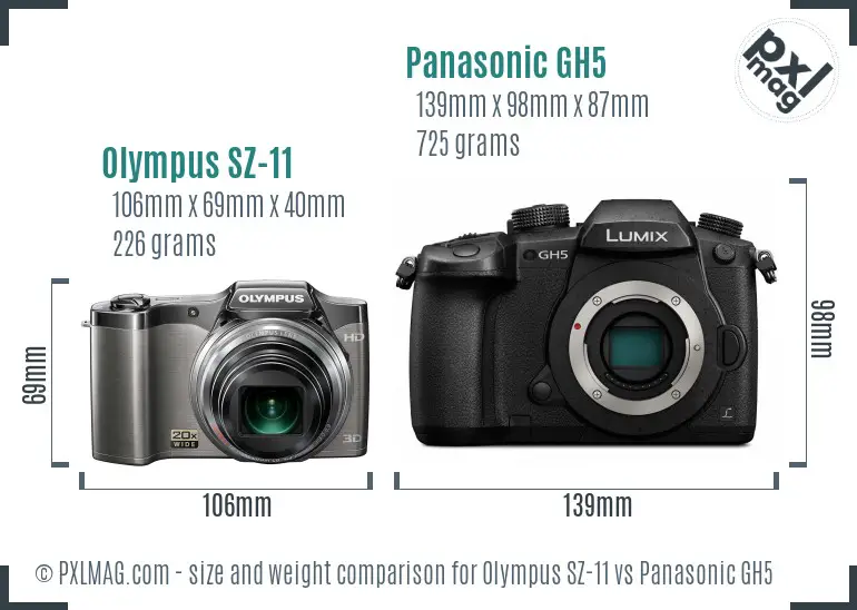 Olympus SZ-11 vs Panasonic GH5 size comparison