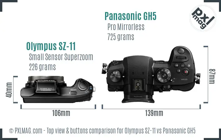 Olympus SZ-11 vs Panasonic GH5 top view buttons comparison
