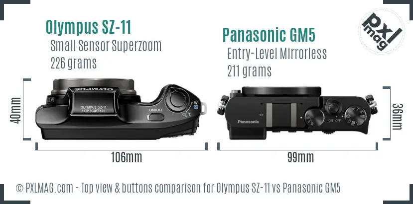Olympus SZ-11 vs Panasonic GM5 top view buttons comparison Olympus SZ-11 vs Panasonic GM5 top view buttons comparison