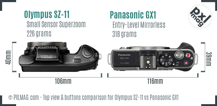 Olympus SZ-11 vs Panasonic GX1 top view buttons comparison Olympus SZ-11 vs Panasonic GX1 top view buttons comparison