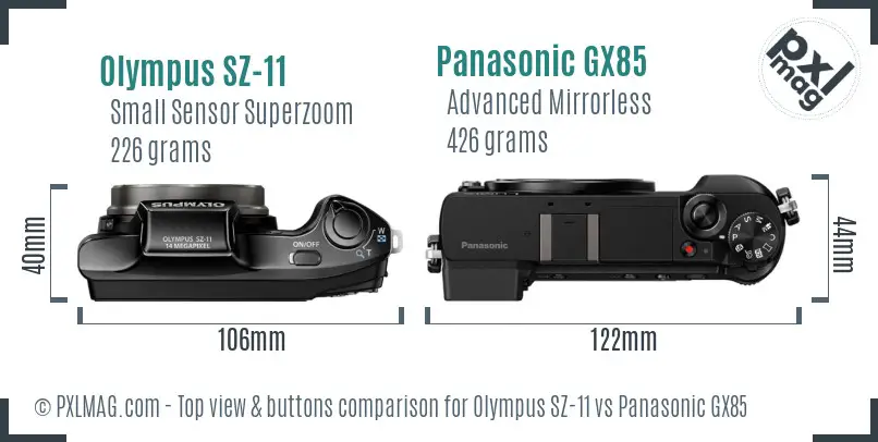 Olympus SZ-11 vs Panasonic GX85 top view buttons comparison Olympus SZ-11 vs Panasonic GX85 top view buttons comparison
