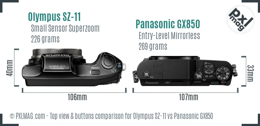 Olympus SZ-11 vs Panasonic GX850 top view buttons comparison