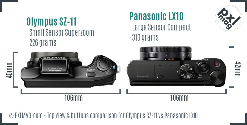 Olympus SZ-11 vs Panasonic LX10 top view buttons comparison Olympus SZ-11 vs Panasonic LX10 top view buttons comparison