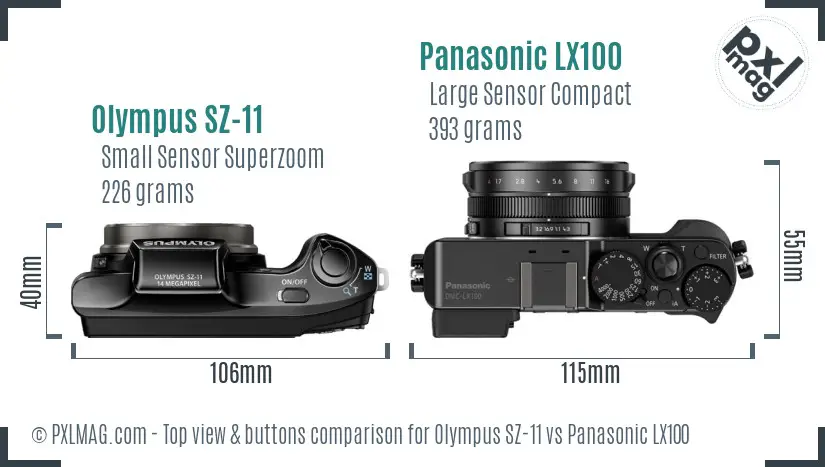 Olympus SZ-11 vs Panasonic LX100 top view buttons comparison