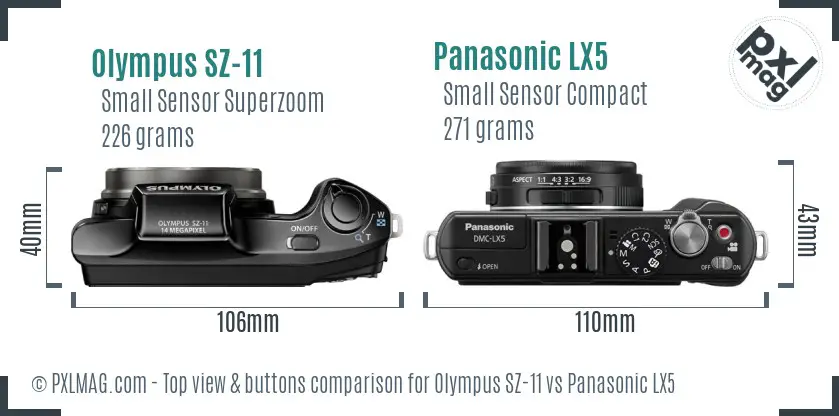 Olympus SZ-11 vs Panasonic LX5 top view buttons comparison