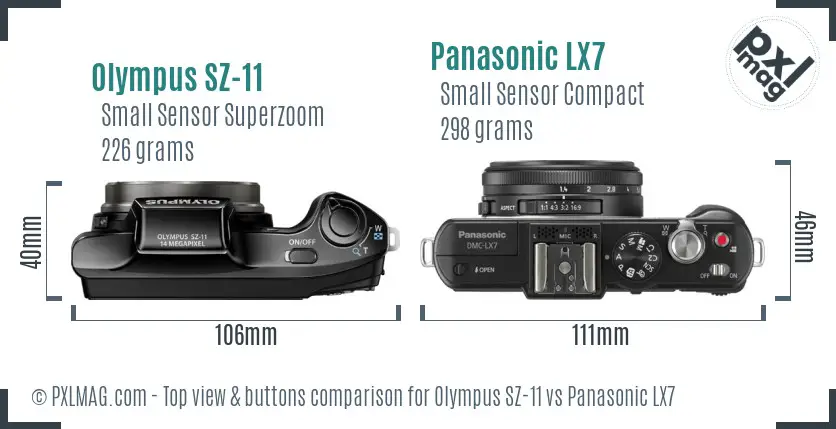 Olympus SZ-11 vs Panasonic LX7 top view buttons comparison