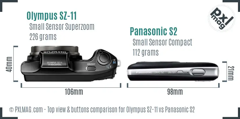 Olympus SZ-11 vs Panasonic S2 top view buttons comparison