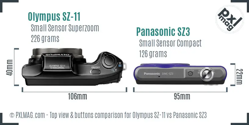 Olympus SZ-11 vs Panasonic SZ3 top view buttons comparison