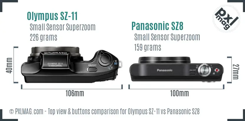 Olympus SZ-11 vs Panasonic SZ8 top view buttons comparison Olympus SZ-11 vs Panasonic SZ8 top view buttons comparison