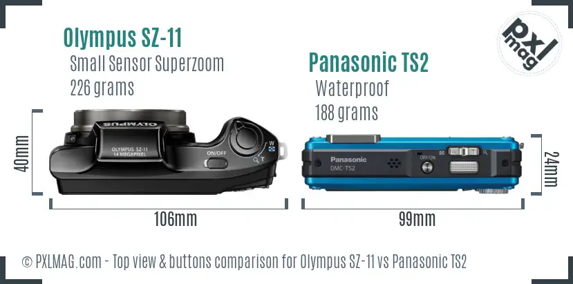 Olympus SZ-11 vs Panasonic TS2 top view buttons comparison