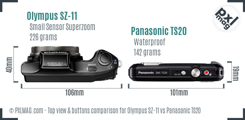 Olympus SZ-11 vs Panasonic TS20 top view buttons comparison