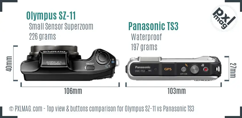 Olympus SZ-11 vs Panasonic TS3 top view buttons comparison