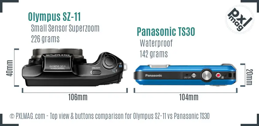Olympus SZ-11 vs Panasonic TS30 top view buttons comparison Olympus SZ-11 vs Panasonic TS30 top view buttons comparison