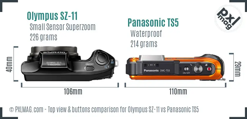 Olympus SZ-11 vs Panasonic TS5 top view buttons comparison