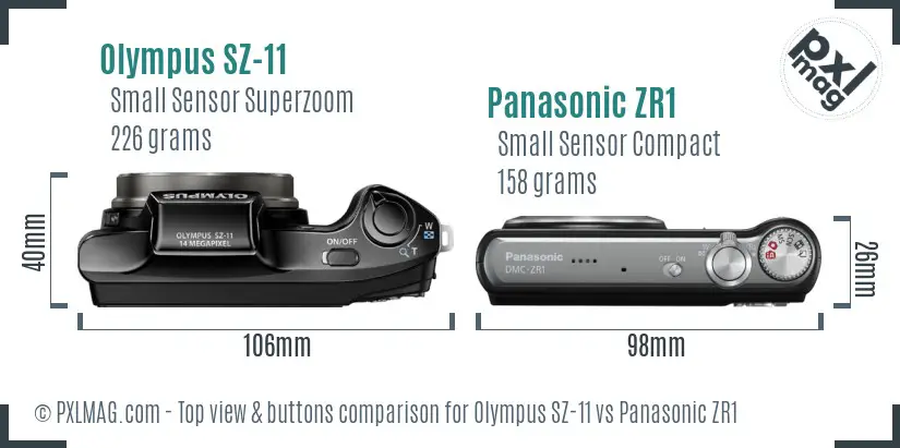 Olympus SZ-11 vs Panasonic ZR1 top view buttons comparison