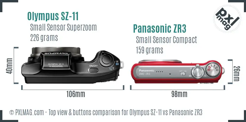 Olympus SZ-11 vs Panasonic ZR3 top view buttons comparison