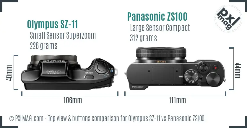 Olympus SZ-11 vs Panasonic ZS100 top view buttons comparison