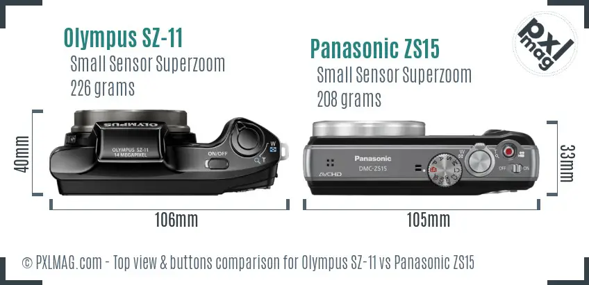 Olympus SZ-11 vs Panasonic ZS15 top view buttons comparison