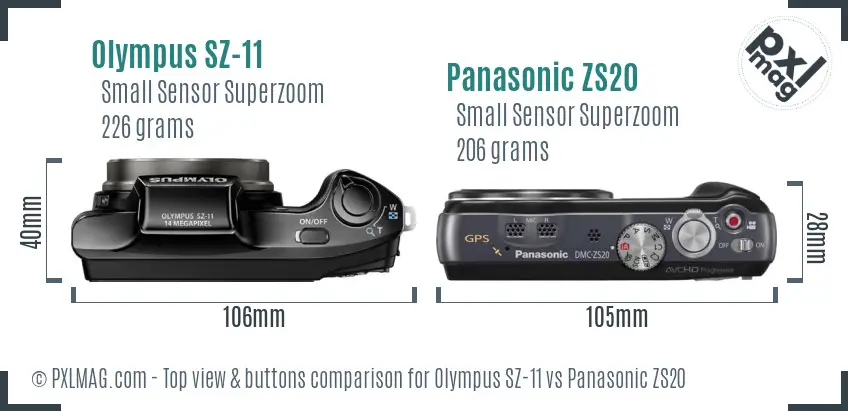 Olympus SZ-11 vs Panasonic ZS20 top view buttons comparison