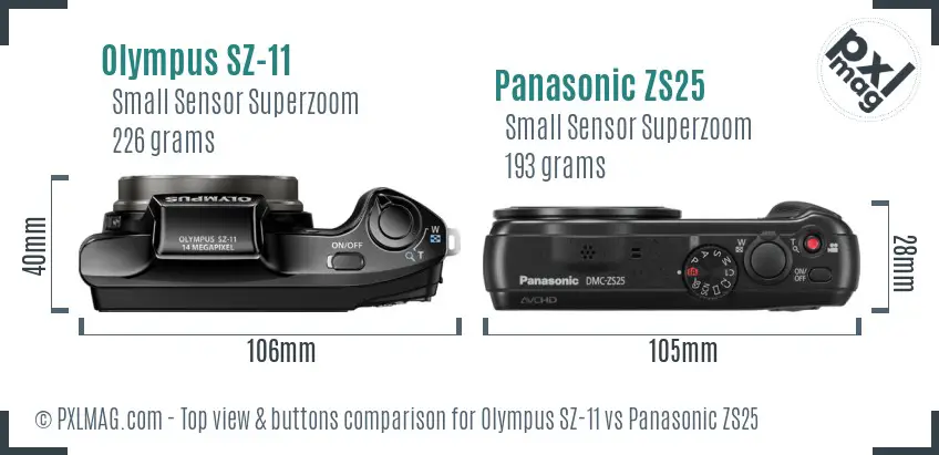 Olympus SZ-11 vs Panasonic ZS25 top view buttons comparison
