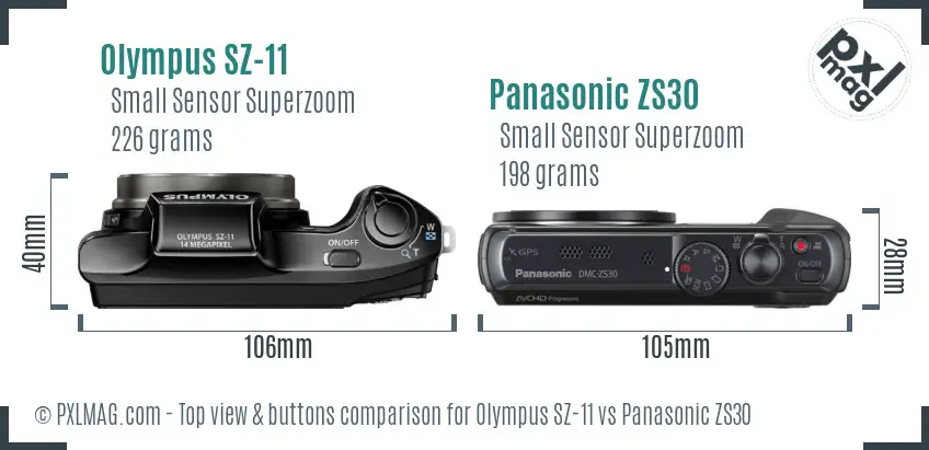 Olympus SZ-11 vs Panasonic ZS30 top view buttons comparison