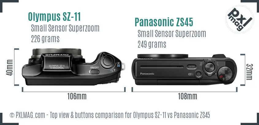 Olympus SZ-11 vs Panasonic ZS45 top view buttons comparison