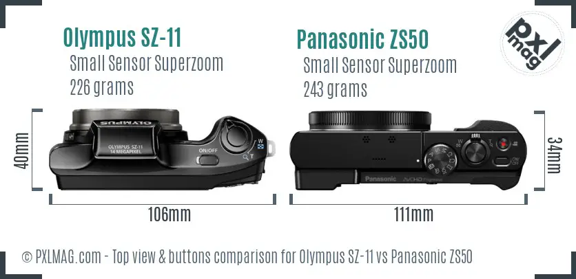 Olympus SZ-11 vs Panasonic ZS50 top view buttons comparison