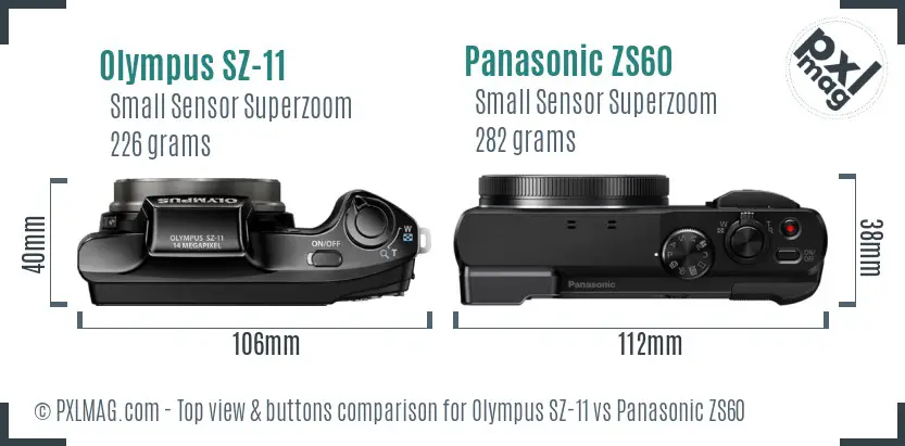 Olympus SZ-11 vs Panasonic ZS60 top view buttons comparison