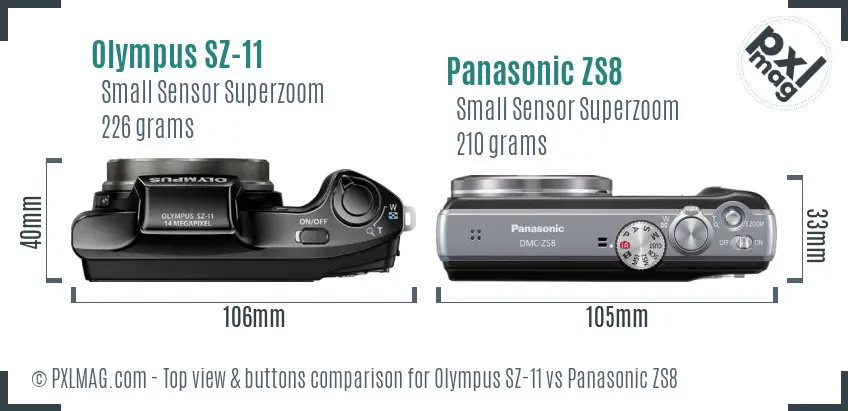 Olympus SZ-11 vs Panasonic ZS8 top view buttons comparison