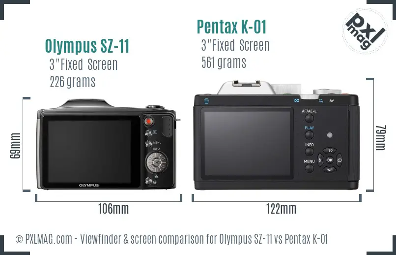 Olympus SZ-11 vs Pentax K-01 Screen and Viewfinder comparison