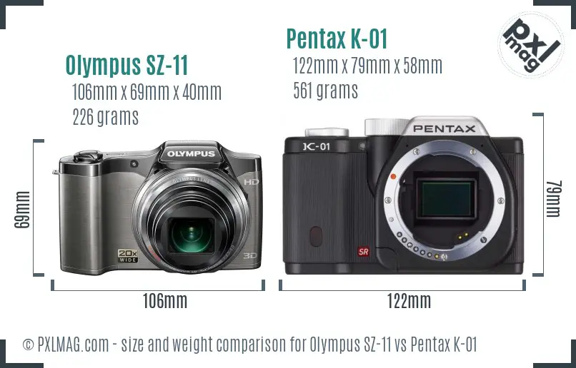 Olympus SZ-11 vs Pentax K-01 size comparison