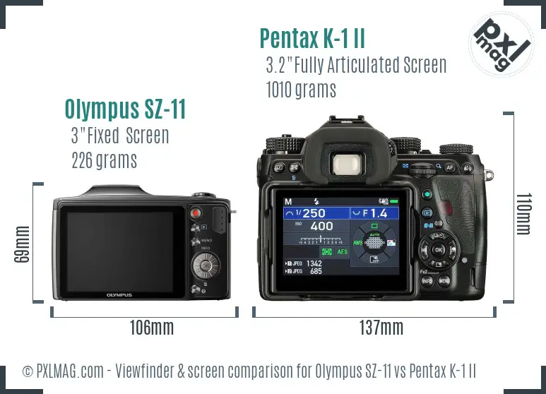 Olympus SZ-11 vs Pentax K-1 II Screen and Viewfinder comparison