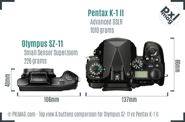Olympus SZ-11 vs Pentax K-1 II top view buttons comparison