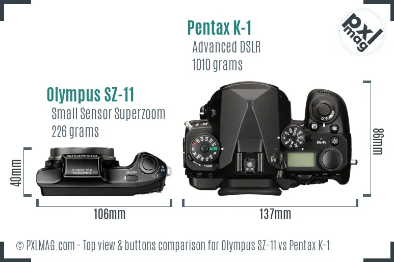 Olympus SZ-11 vs Pentax K-1 top view buttons comparison