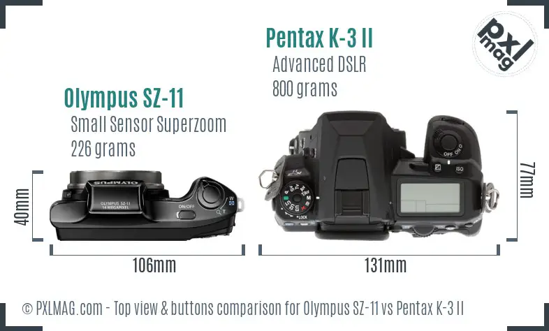 Olympus SZ-11 vs Pentax K-3 II top view buttons comparison