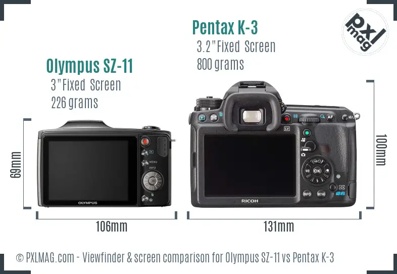 Olympus SZ-11 vs Pentax K-3 Screen and Viewfinder comparison