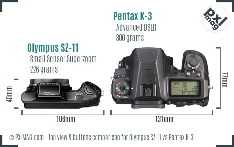 Olympus SZ-11 vs Pentax K-3 top view buttons comparison