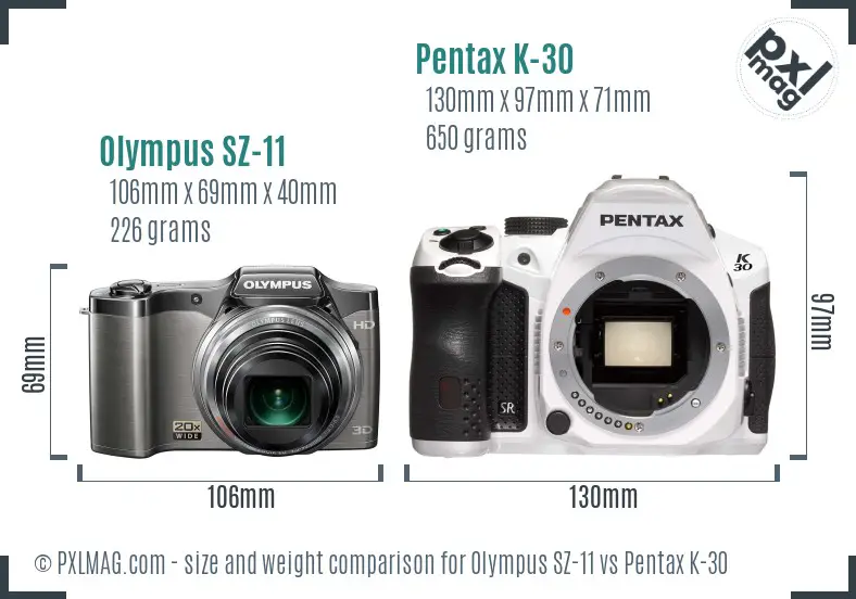 Olympus SZ-11 vs Pentax K-30 size comparison