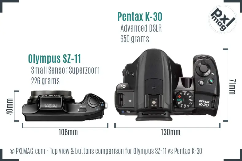 Olympus SZ-11 vs Pentax K-30 top view buttons comparison