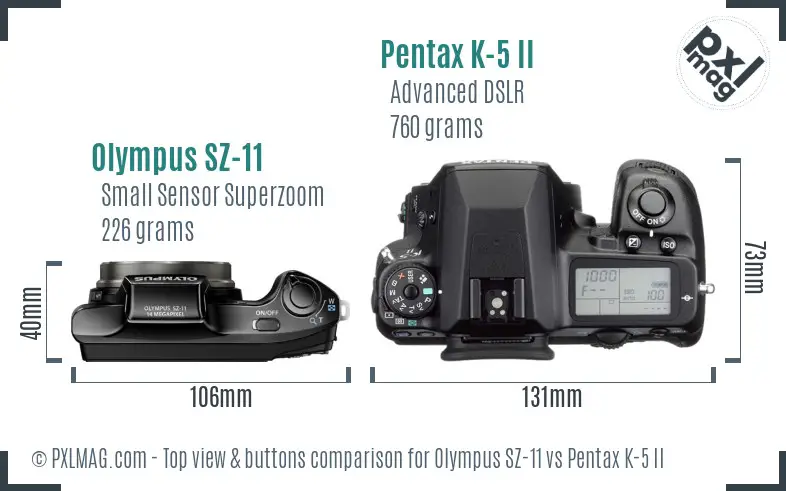 Olympus SZ-11 vs Pentax K-5 II top view buttons comparison